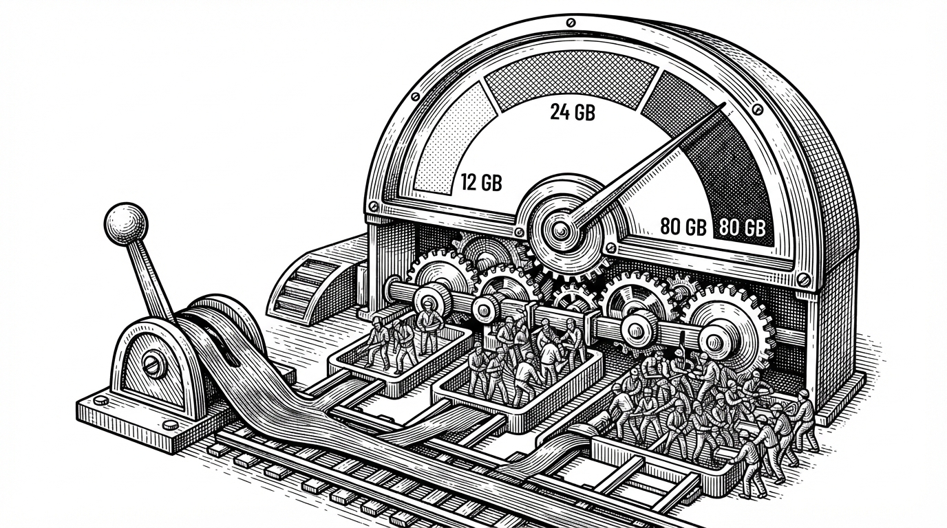 A close-up mechanical gauge marked with GPU memory levels, feeding a set of worker slots below it. As the gauge moves across different VRAM amounts, different numbers of worker figures light up, and a switch labeled MPS routes one GPU into multiple parallel lanes. The image explains hardware-aware worker sizing rather than fixed process counts.