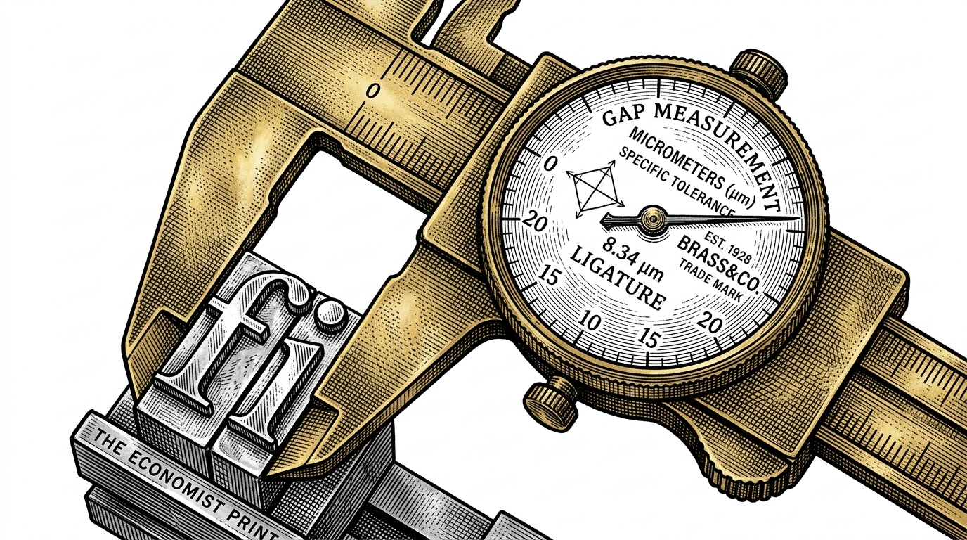 A close-up of an antique brass caliper measuring the microscopic gap between two metal typography blocks, specifically an 'f' and an 'i'. The caliper dial shows precise geometric coordinates.