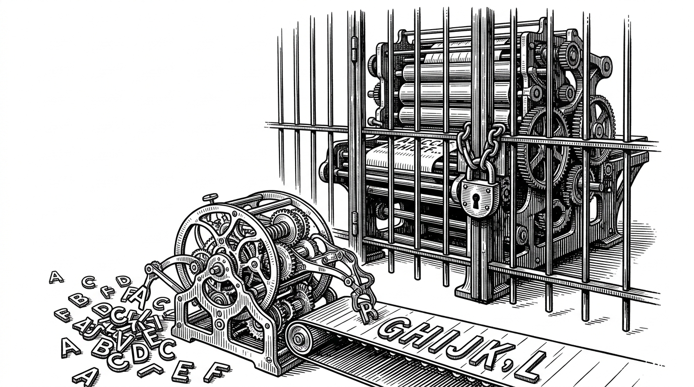 A large printing press locked behind an iron gate, while a smaller clockwork mechanism outside rebuilds metal letters on a conveyor belt. This represents rebuilding structured text extraction outside of restrictive AGPL licenses.