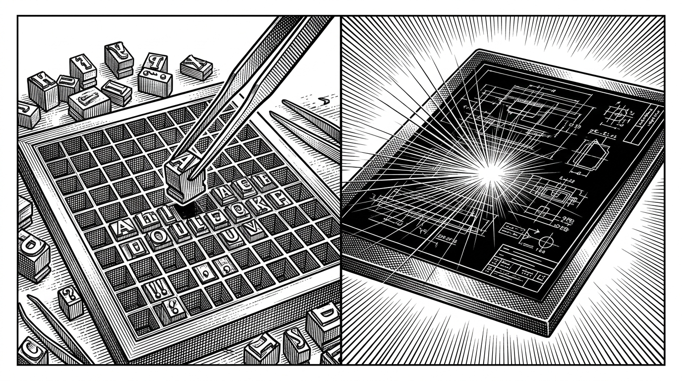 A side-by-side visual metaphor. Left: tweezers painstakingly dropping individual metal letterpress blocks into a grid. Right: a flat photographic plate capturing an intricate blueprint in a single flash. This illustrates the shift from pipeline-based OCR to full-page decoding.