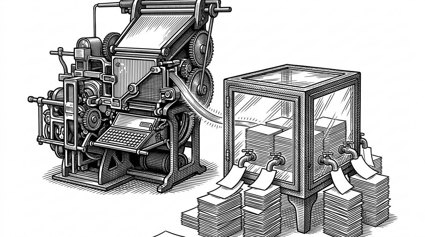 A massive mechanical printing press feeds a single glowing thread into a glass vault, which outputs neat stacks of paper. This represents the Datalab SDK's checkpoint architecture, converting heavy PDF processing into a reusable cached state.