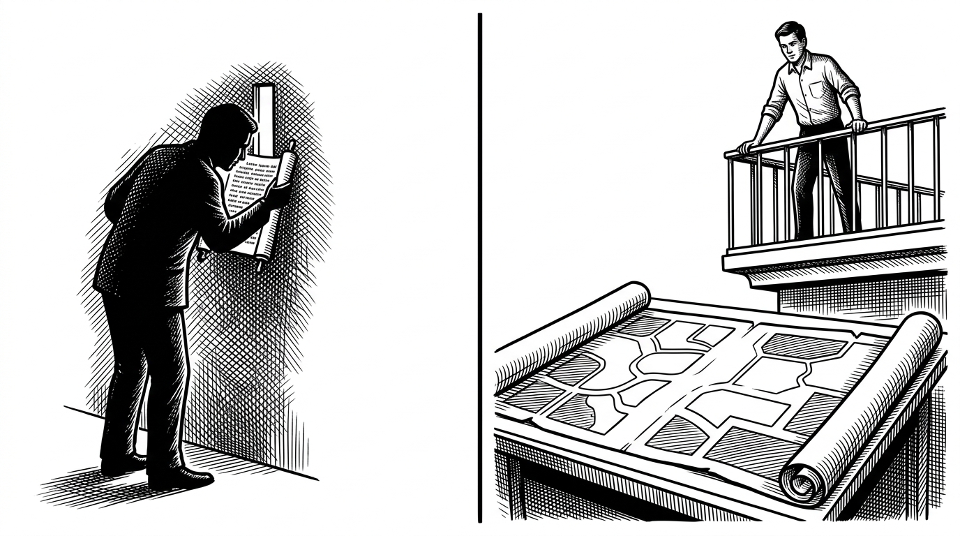 A split scene comparing traditional OCR to Surya. On the left, a person reads a scroll through a tiny vertical slit. On the right, a person looks down at a massive illuminated map of the entire scroll.