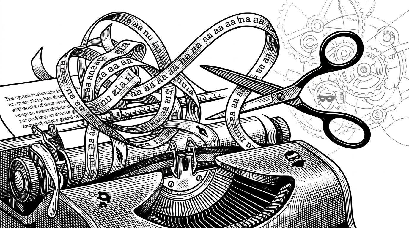 A typewriter ribbon tangled into an infinite loop, about to be cut precisely by a pair of sharp ink scissors.