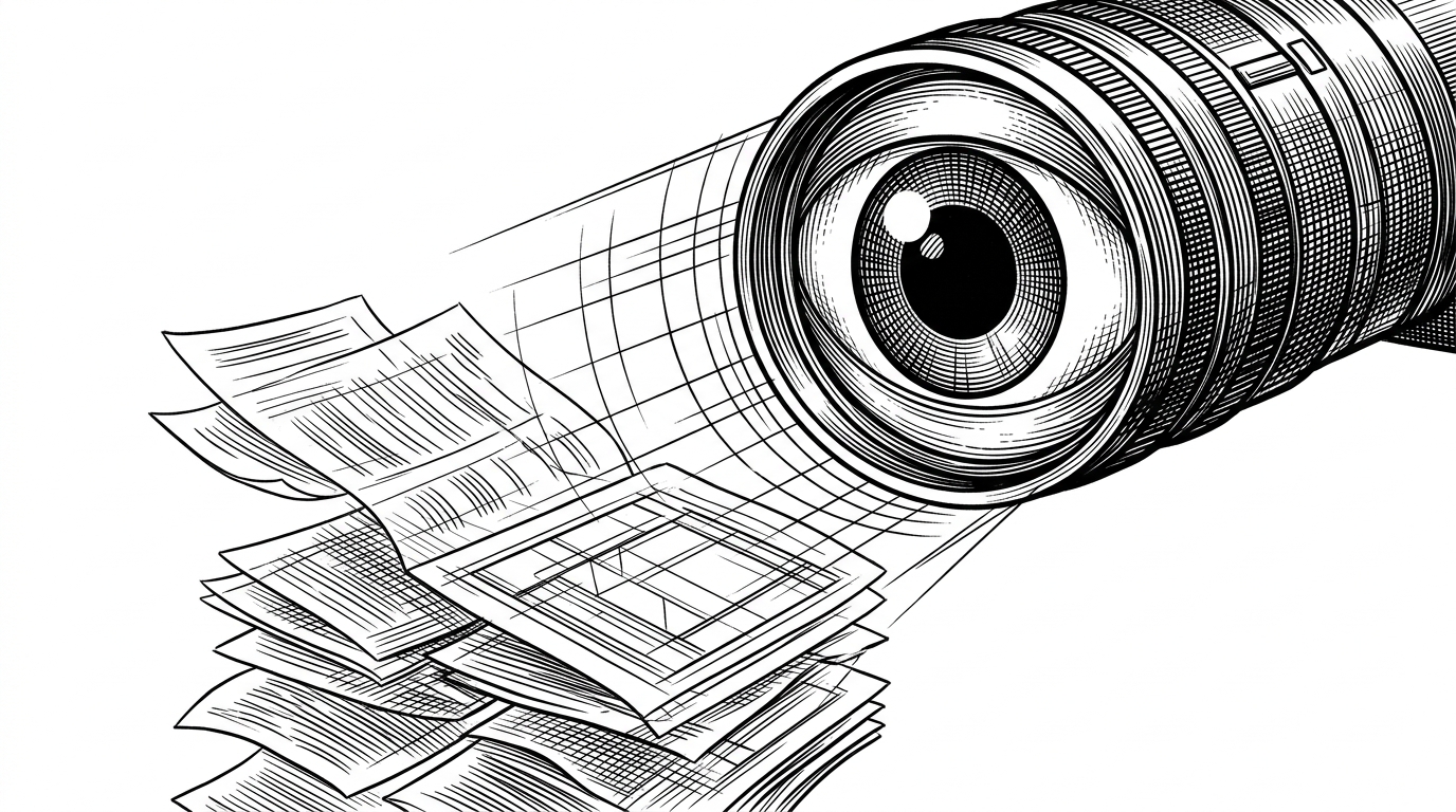 A giant mechanical eye hovers over a chaotic stack of translucent floating documents, projecting a grid that snaps the pages into a perfectly ordered architectural blueprint.