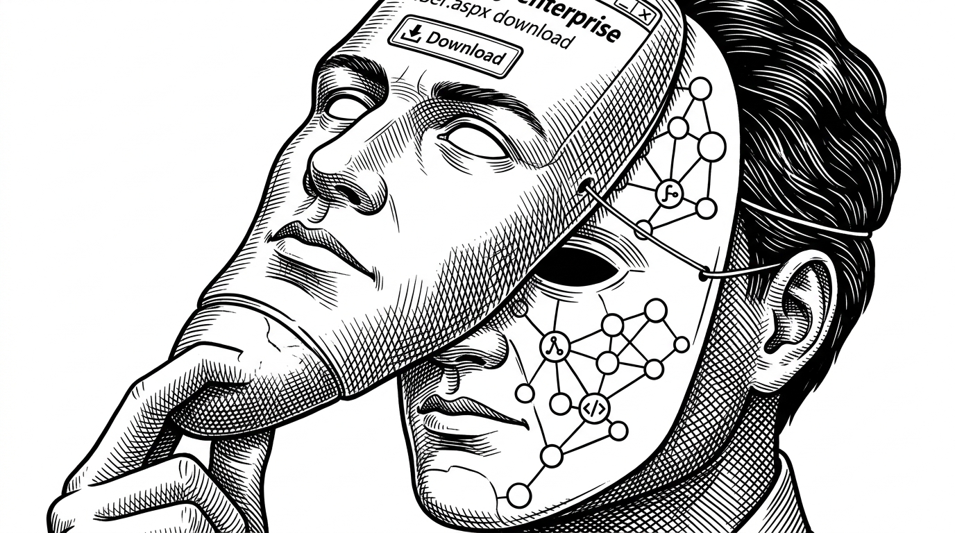 A close-up of two stacked masks. The top mask carries a legacy enterprise download label with .aspx, while the layer underneath is a clean serverless cloud node. A thread ties them together, showing that the old-looking face is only a costume.