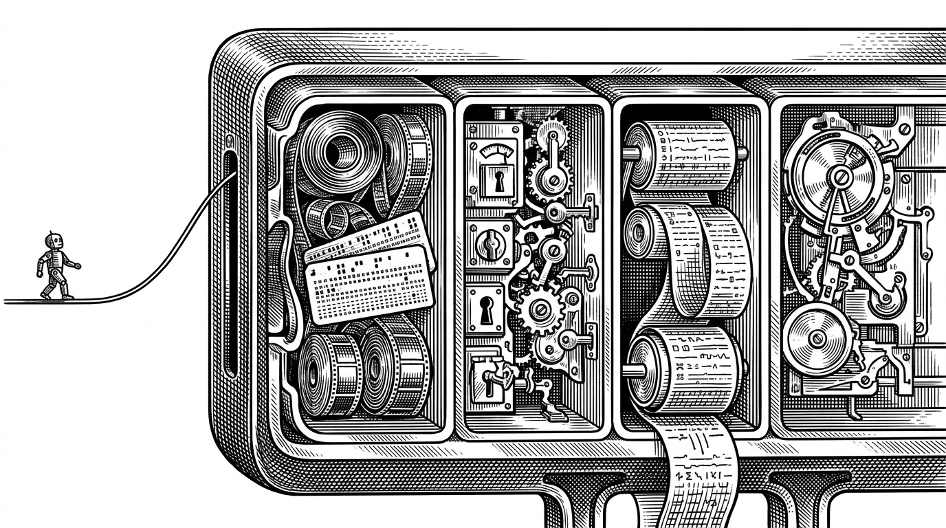 A close-up cutaway of a mechanical control panel shows separate chambers for memory, tool permissions, logs, and recovery logic. A thin line enters from a small model at the edge, but the surrounding harness controls the path and limits of action, making the system look like infrastructure rather than a chat box.