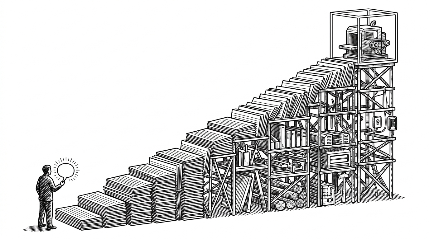 A wide staircase made from stacked index cards rises from a small prompt bubble at the bottom toward a compact harness machine at the top. The early steps are simple, then the structure gains tools, memory slots, logs, and permission gates, showing that agent progress is staged and cumulative.