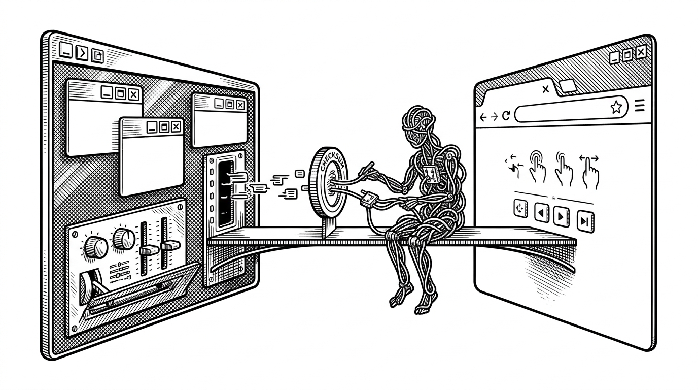 A close-up of a bootstrap script acting as a translator between two incompatible control panels. One side looks like a polished Electron app, with native buttons and window controls. The other side is a browser tab with mobile chrome. Between them, intercepted calls pass through a narrow bridge and a gate shaped like a CSP checksum.