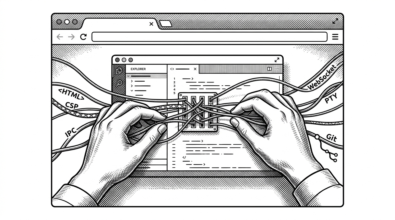 A browser window and a desktop Electron window are nested together like two machines sharing one body. Thin wires pass through a patch panel between them, showing the flow of HTML, CSP, IPC, WebSocket, PTY, and Git signals. The image explains that Pocodex does not replace Codex. It convinces the original app to run through a browser-shaped opening.