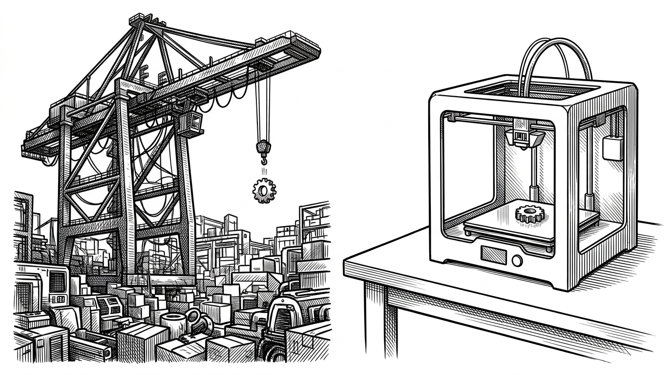 A massive industrial crane dropping a tiny gear into a warehouse, contrasted with a sleek 3D printer instantly creating the same gear on a clean desk.