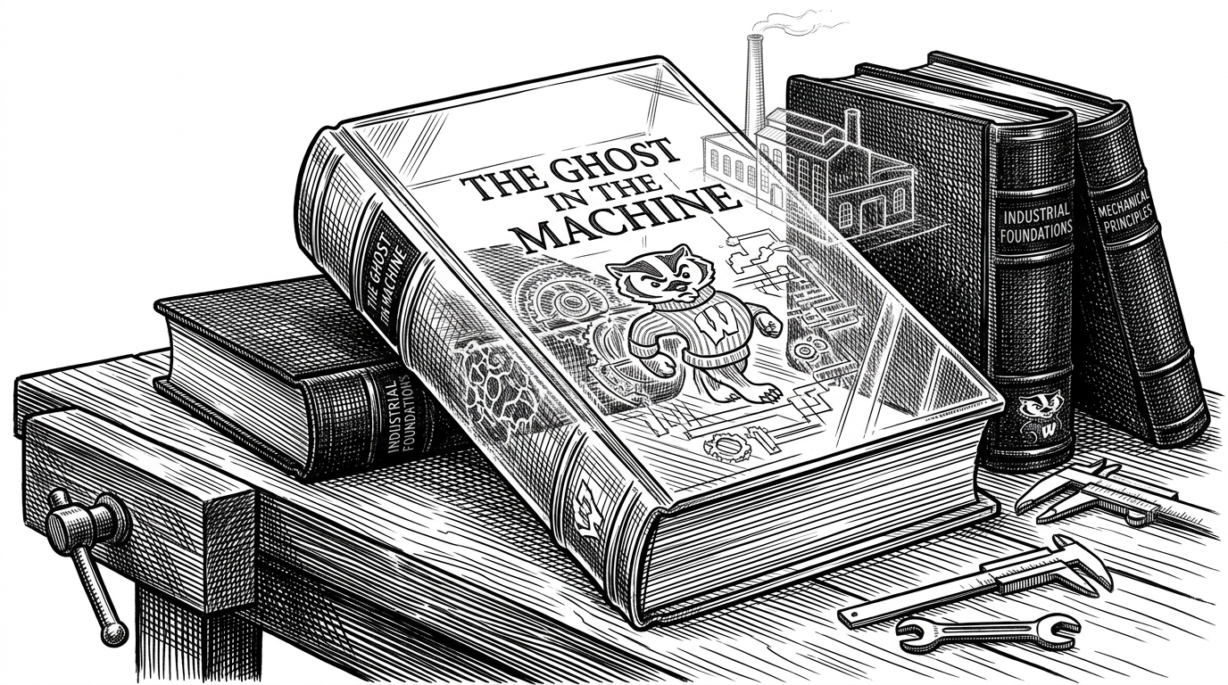 A transparent glass book with glowing blueprints inside, sitting next to solid black books.