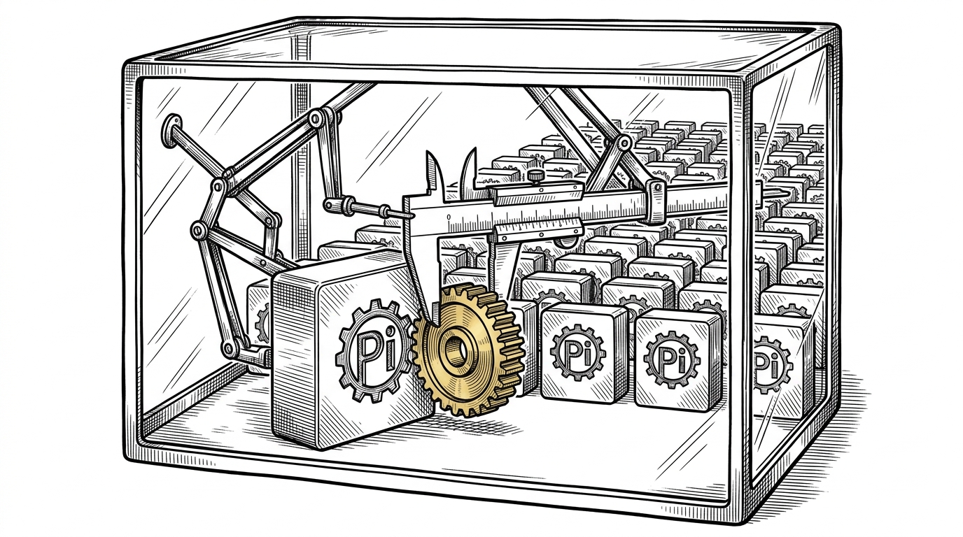 A mechanical caliper measuring a newly cut gear against a perfect metal mold inside a sealed glass box.