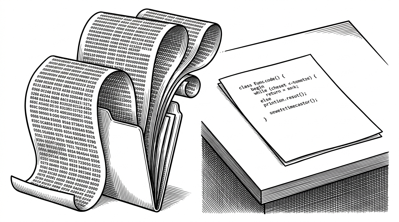 A split scene showing a messy, overflowing document of JSON on the left, and a clean, concise piece of paper with just a few lines of code on the right.