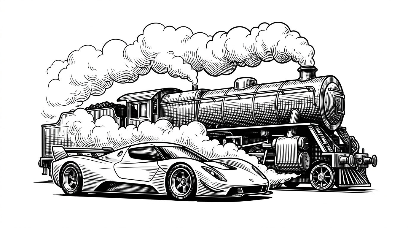 A sleek, futuristic racing car idling silently next to a massive, steam-powered locomotive venting huge clouds of steam, representing the speed of BunBook compared to traditional Jupyter kernels.