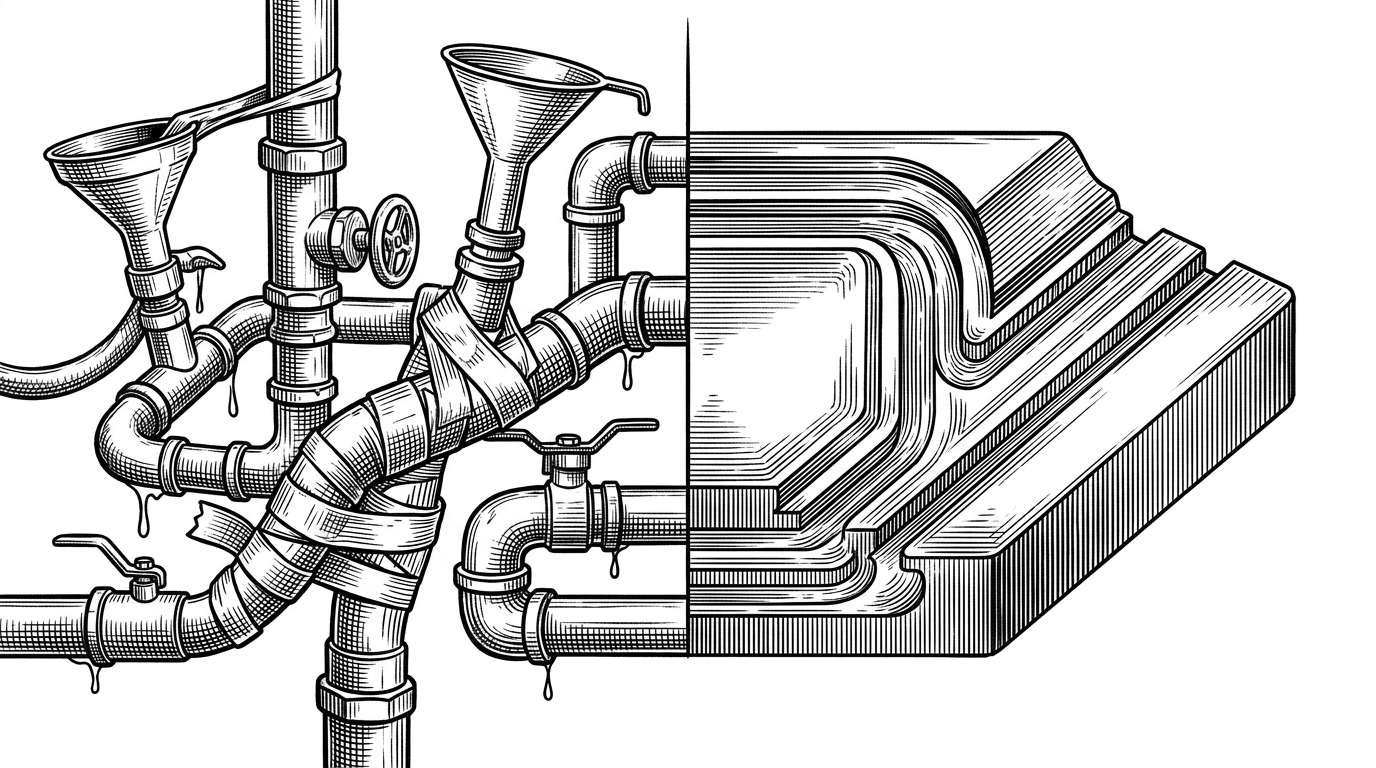 A split composition: chaotic, leaking plumbing (Bash) vs. a sleek, machined metal block with precise channels (Bun).