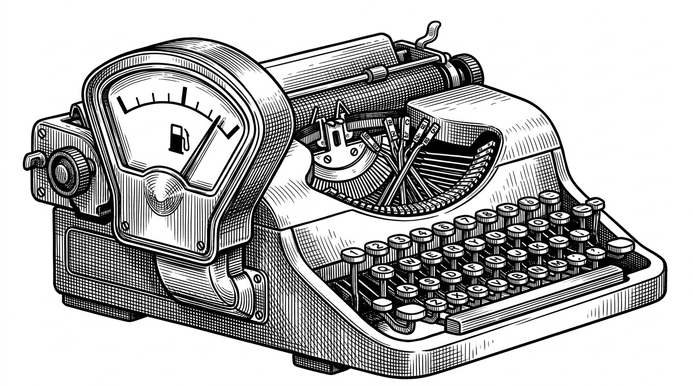 A classic mechanical fuel gauge retrofitted onto a vintage manual typewriter, with the needle hovering near the redline.