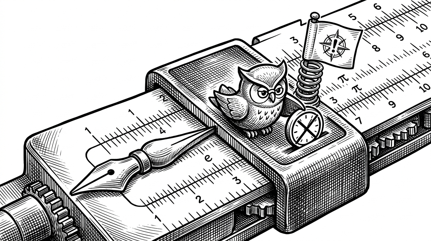 A close-up of a precision mechanical slide rule where a sliding block is pushing past a stationary pointer, triggering a warning flag.