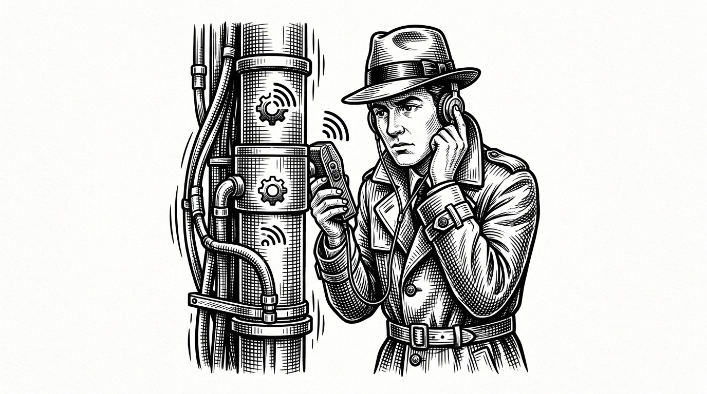 A person pressing a vintage dictaphone against a thick industrial pipeline to listen to the contents without breaking the seal.