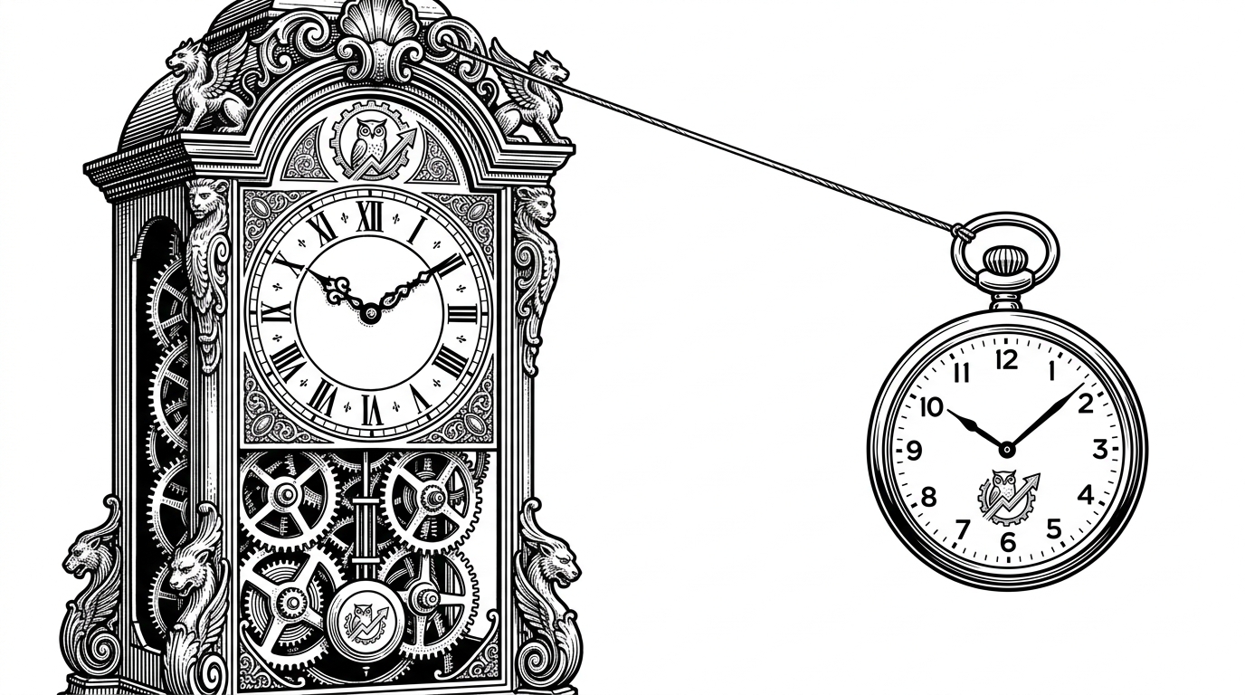 A complex grandfather clock connected by a single thread to a minimalist pocket watch, illustrating the shift from heavy compute to lightweight edge logic.