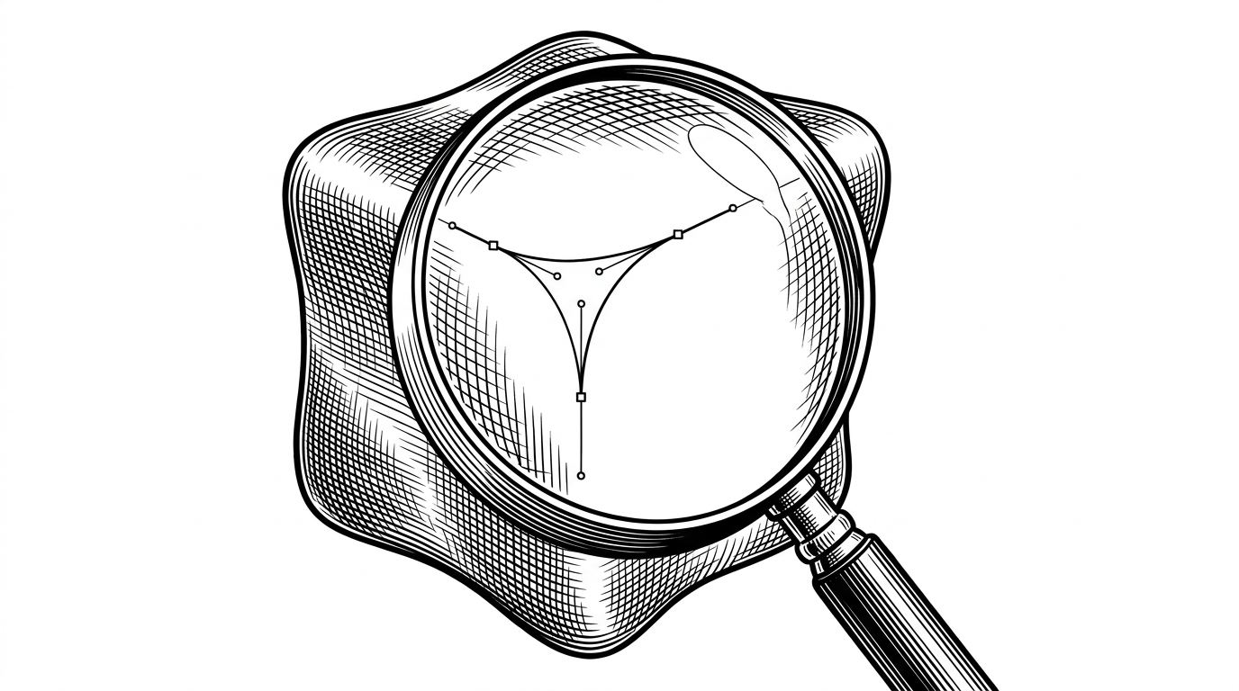 A magnifying glass held over a deformed 3D printed cube, where the lens reveals the underlying sharp vector math and control points.