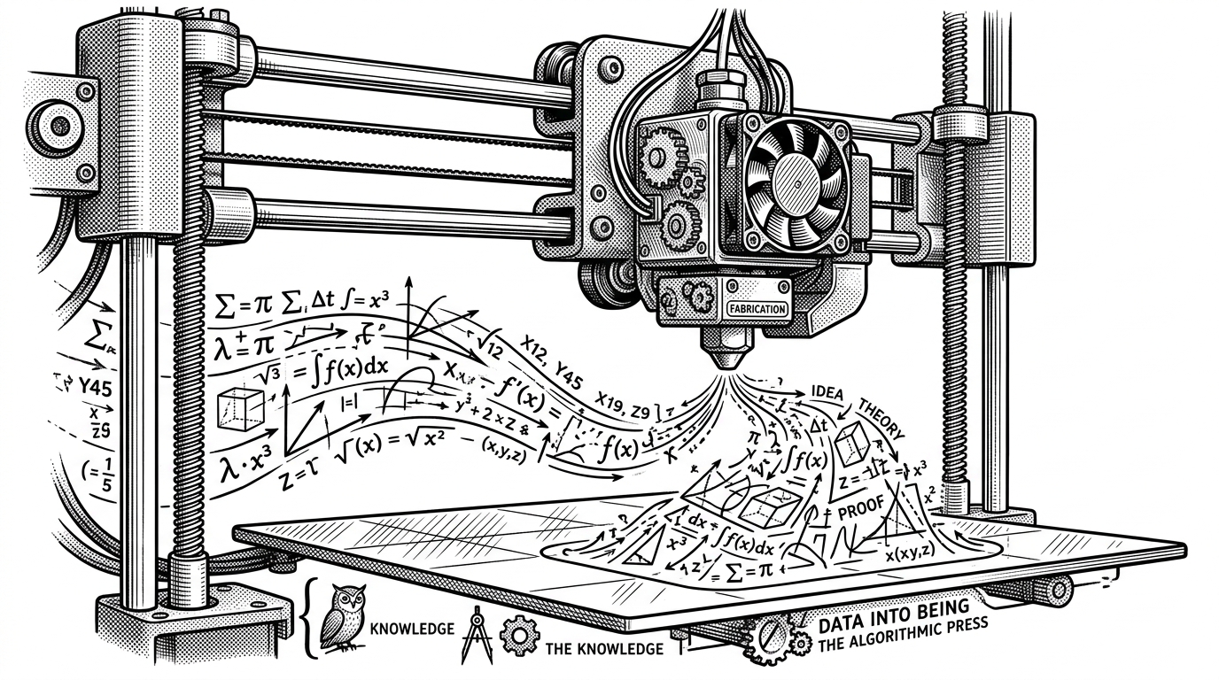 A 3D printer hotend extruding glowing mathematical symbols and vector lines onto a print bed, illustrating the translation of physical hardware into digital mathematics.