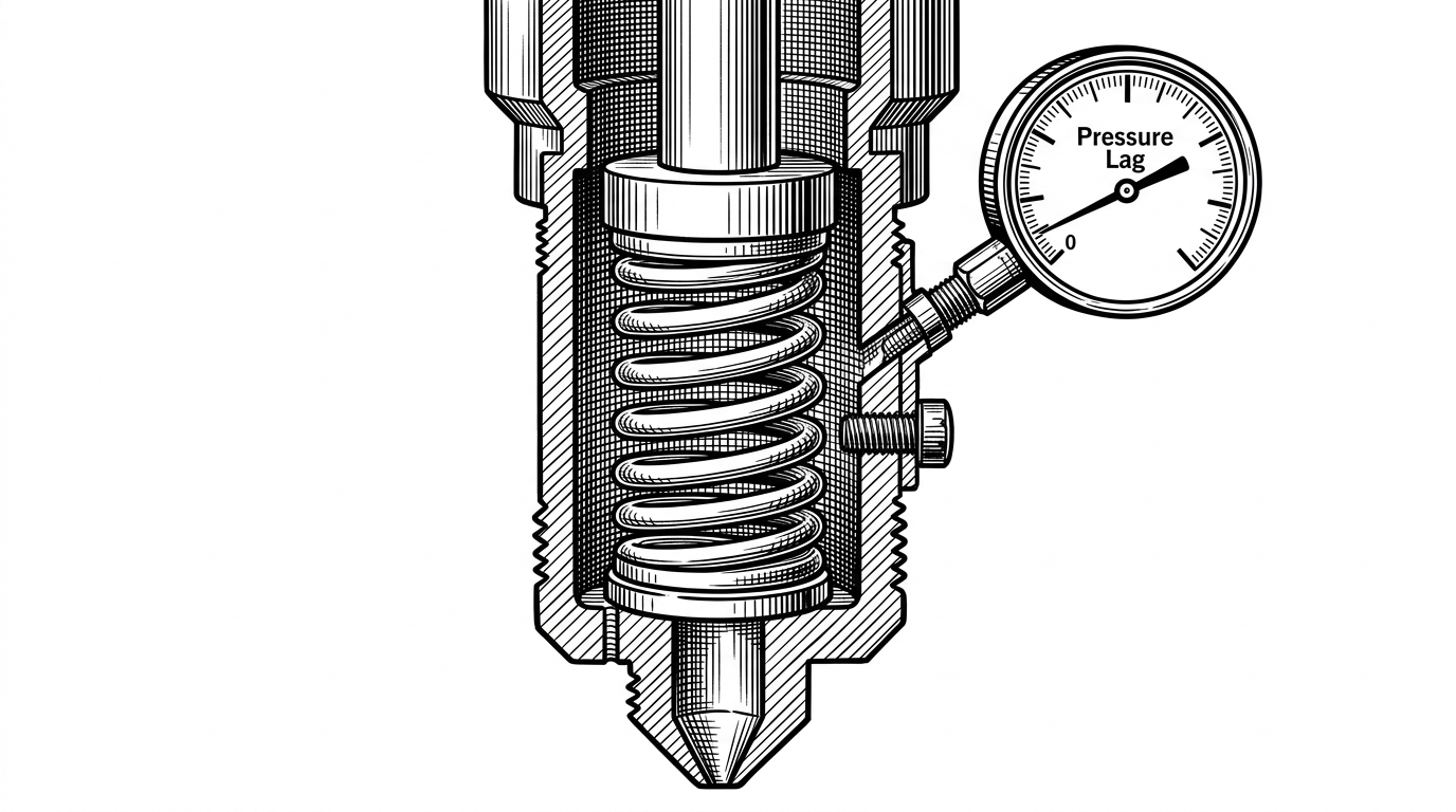 A cross-section of a 3D printer nozzle containing a heavy industrial spring being compressed by a piston, with a mechanical dial gauge attached to the side.
