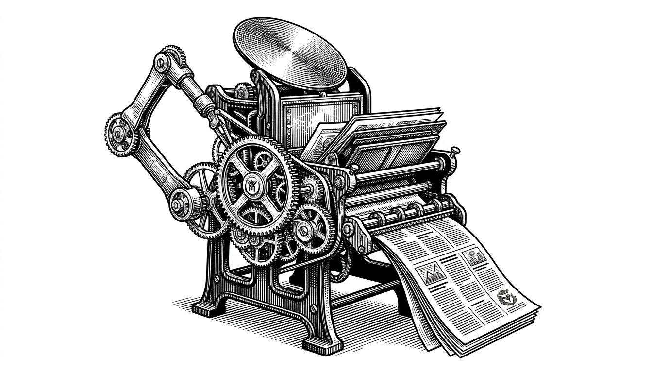 A vintage printing press operated by a robotic arm and clockwork gears, symbolizing the automated configuration of a raw terminal engine.