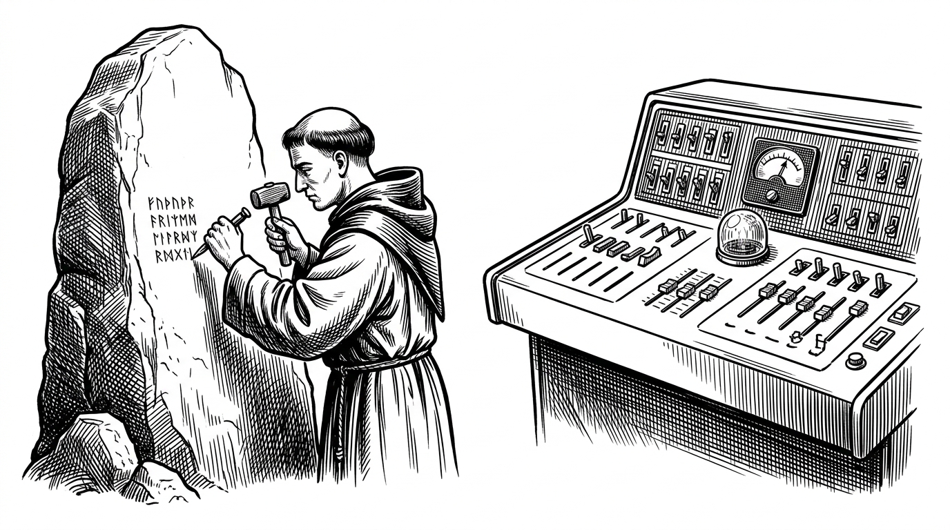 A split composition showing a monk carving runes into stone on the left, and a modern control console on the right.