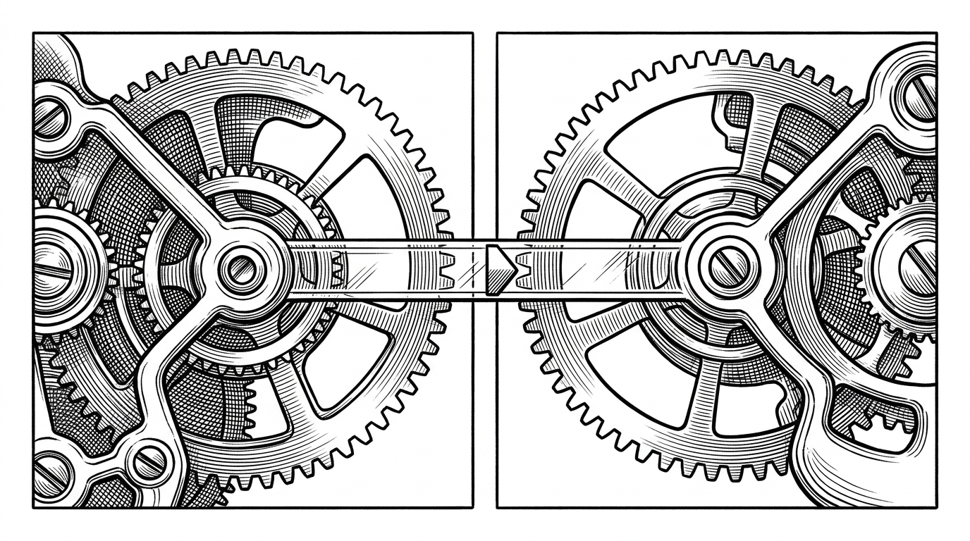 A clockwork stepper mechanism spans two timing frames, with a narrow channel carrying motion from one frame to the next. The image explains that the important state is not the pulse itself, but the phase that survives between pulses.