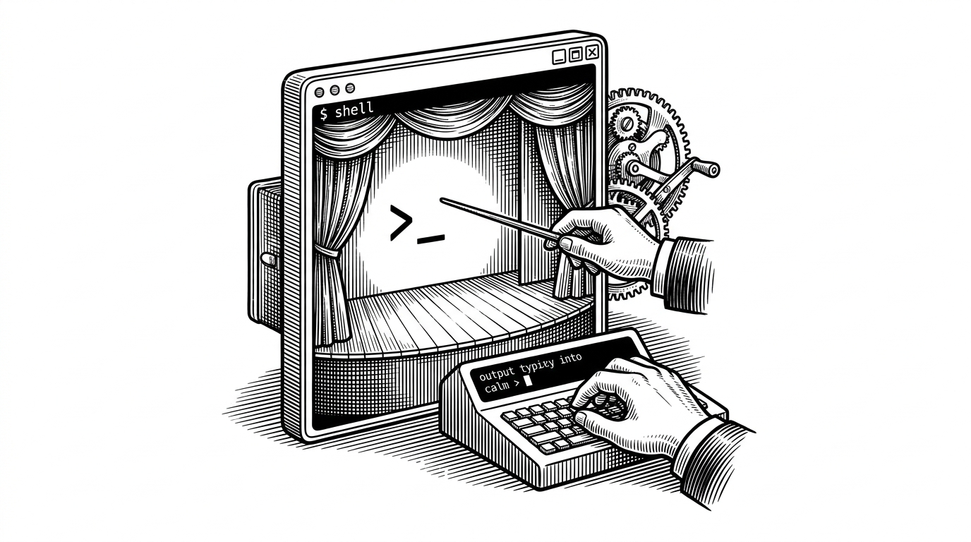 A terminal window staged like a small theater performance. A conductor sits at a desk while a shell prompt is cued like an instrument, and a clock mechanism turns behind the scenes. The scene explains that this tool is really about pacing a demo, not just capturing one.
