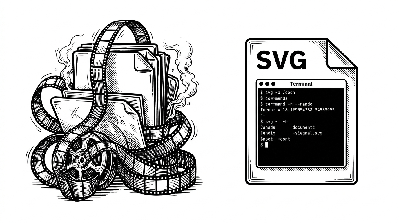 A split illustration contrasts a bulky screen recording workflow with a compact SVG document. One side has a long film reel, stacked media files, and visual weight. The other side shows a crisp terminal frame held like a document page, which explains why the output is better suited to READMEs and docs.