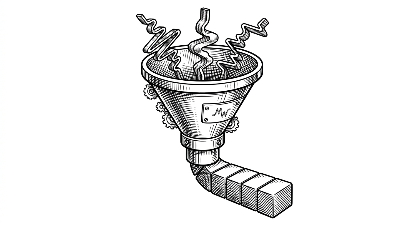 A macro view of a heavy mechanical funnel. Three distinct, jagged metal waveforms are being fed into the top. At the bottom narrow exit, they are extruded as a single dense rectangular block divided into five segments, representing the 5-byte payload.