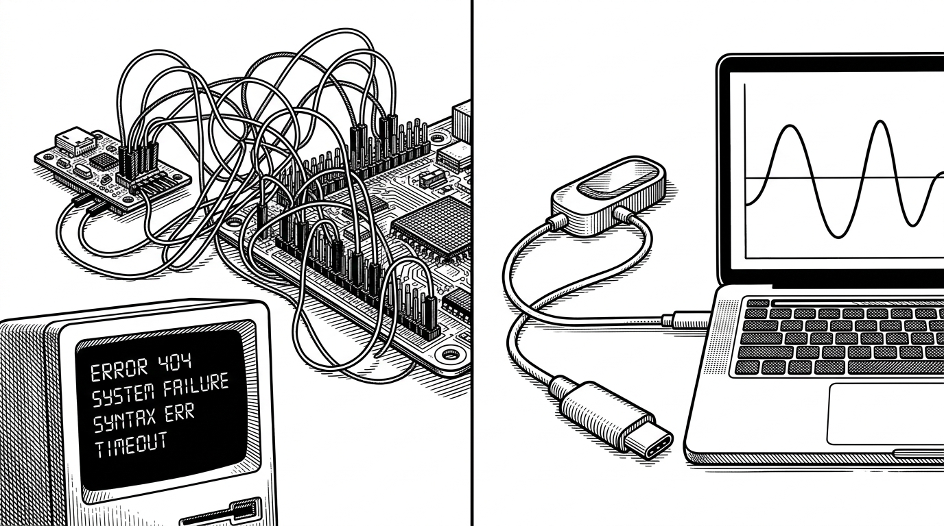 A split illustration showing a tangled mess of wires on a circuit board next to a clean, single USB-C cable connecting a sensor to a laptop. This contrasts the old, complex GPIO wiring method with the new plug-and-play USB approach.