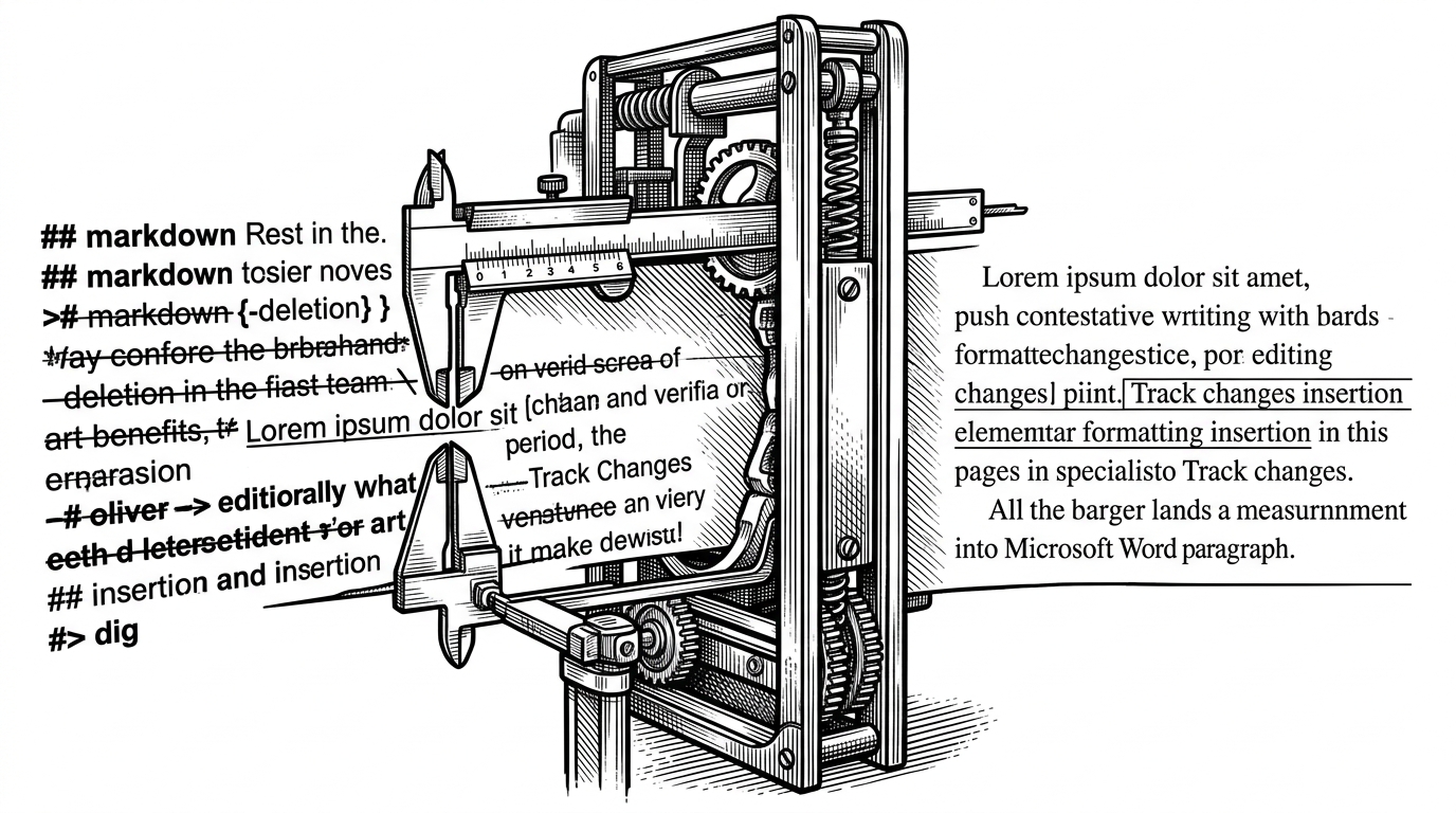 A close-up of a Markdown fragment on the left is pushed through a narrow mechanical gate in the middle and lands as a clean Word paragraph with tracked insertion marks on the right. The gate measures exact phrase boundaries, showing how Adeu protects structure while translating model edits into native redlines.