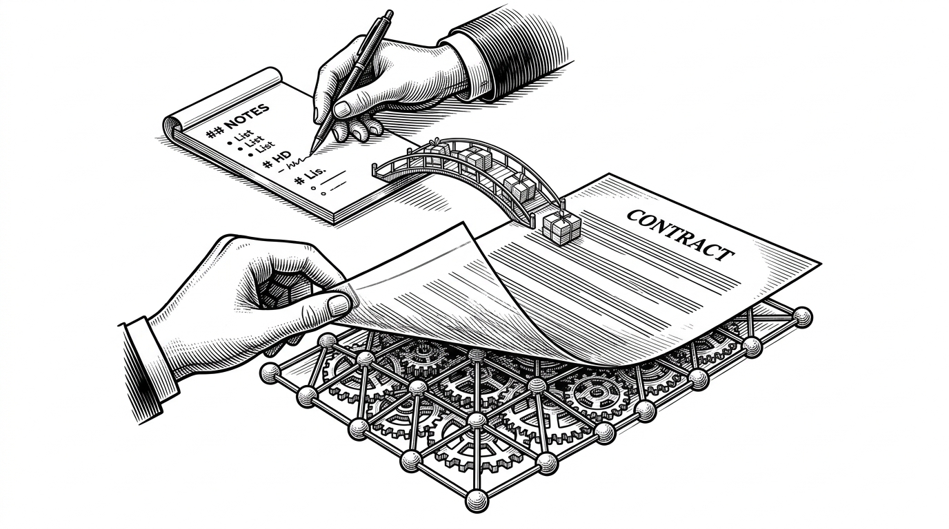 A formal contract page is suspended above a lattice of document nodes and XML gears while a hand writes Markdown notes on a clean pad below. A thin bridge carries edits between the two layers, explaining how Adeu translates model-friendly text into Word-native redlines without flattening the document.