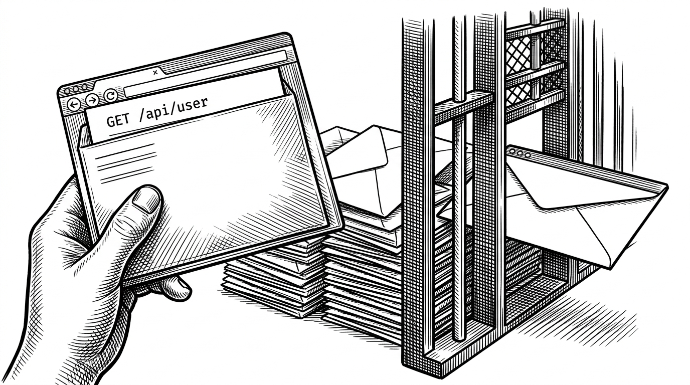 A close-up of a request envelope wearing a browser disguise at a security gate. It explains why ddgs treats browser impersonation as infrastructure, not a trick.