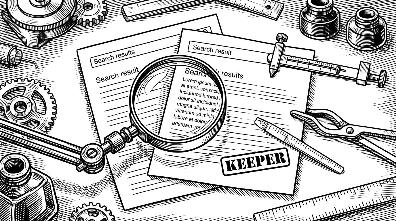 Two overlapping search result cards are compared under a lens. The longer snippet survives, illustrating ddgs's duplicate handling and quality-based result selection.