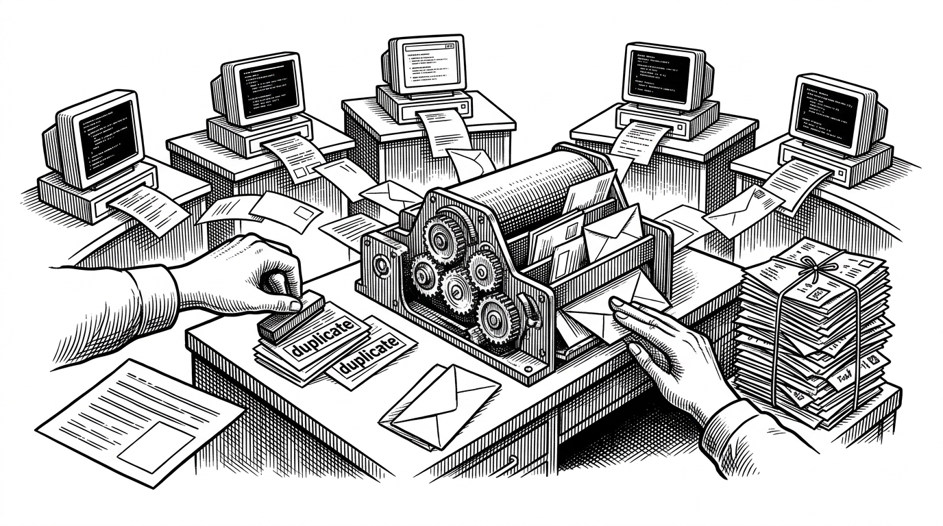 A black-ink editorial scene of a search dispatcher desk. Multiple search engines feed slips of paper into a central sorter, showing how ddgs fans one query across many backends and recombines the answers.