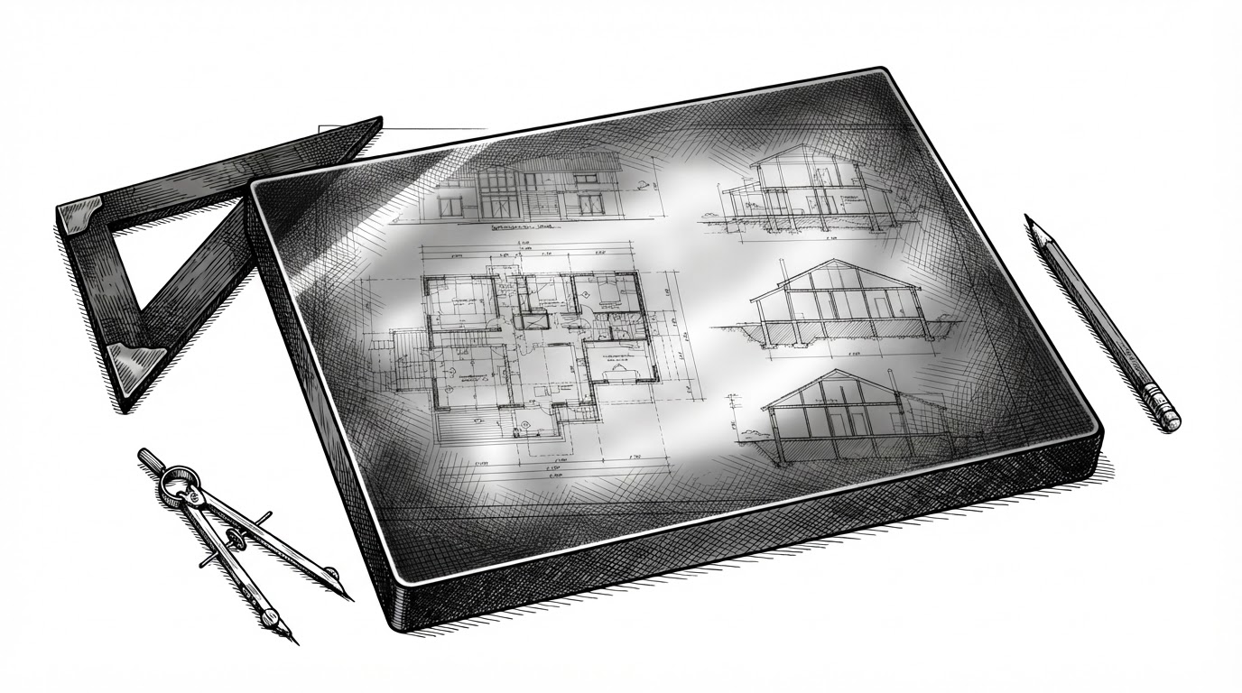 An overhead editorial illustration of an architect's drafting desk: a single pane of thick smoky glass lies flat over a technical schematic, softening the drawing beneath while keeping it legible. The glass edge catches a bright highlight line, and its thickness reads as tightly crosshatched shadow along one side, with drafting tools at the frame's edge.