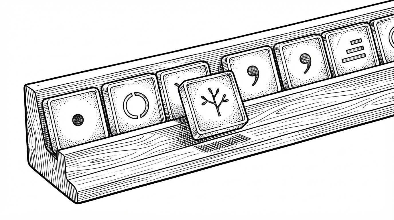 A close-up editorial illustration of a shallow wooden rack holding a row of small square glass tiles, each etched with a different glyph: a status dot, a partial ring, a branching diff, a small speech mark, and a few stacked steps. One tile is lifted slightly forward out of the row, and stipple shading gives the glass its body.