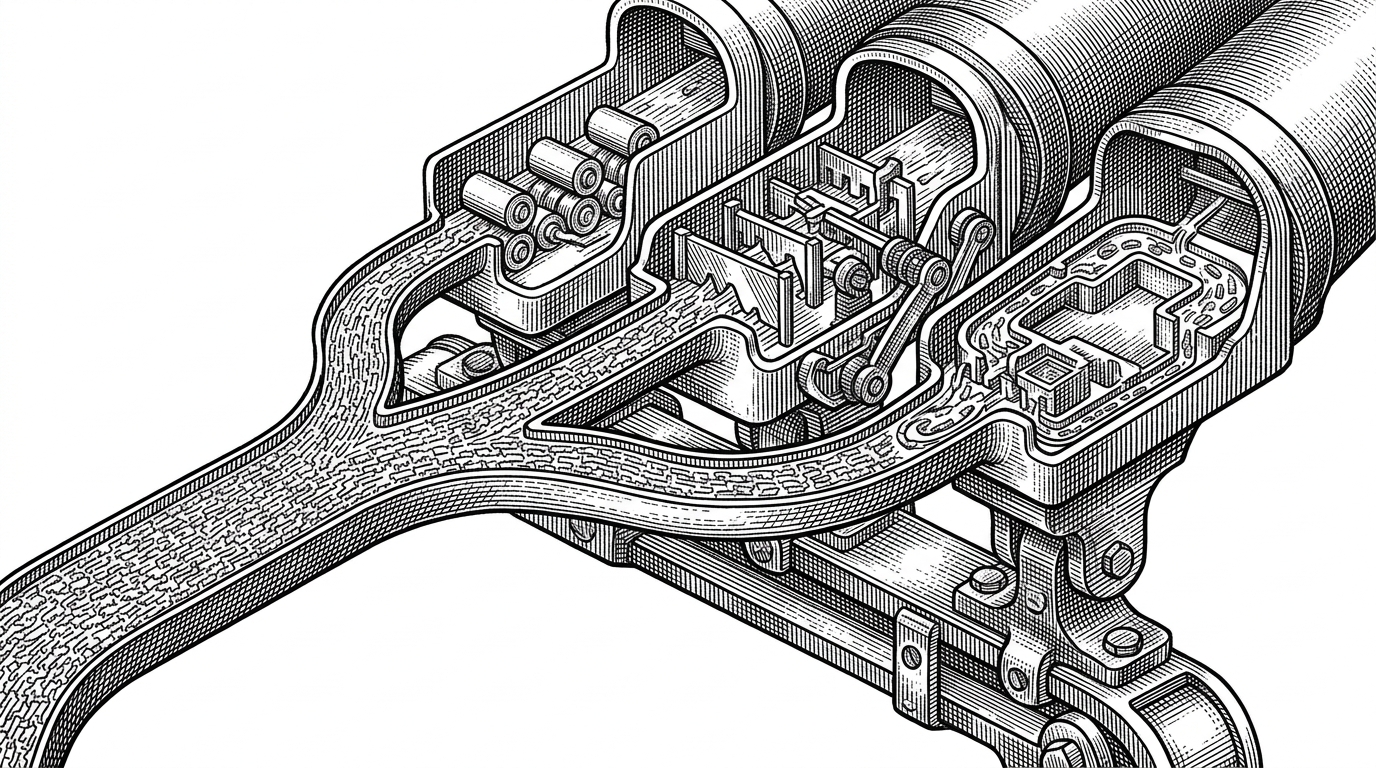 A close-up cross-section of three draft heads mounted on the same backbone. One head is a simple lookup mechanism, one has a gate that opens and closes around a stream of tokens, and one carries a small memory loop forward like a recurrent chain. The image explains how DeepSpec compares different ways of remembering prior draft tokens.