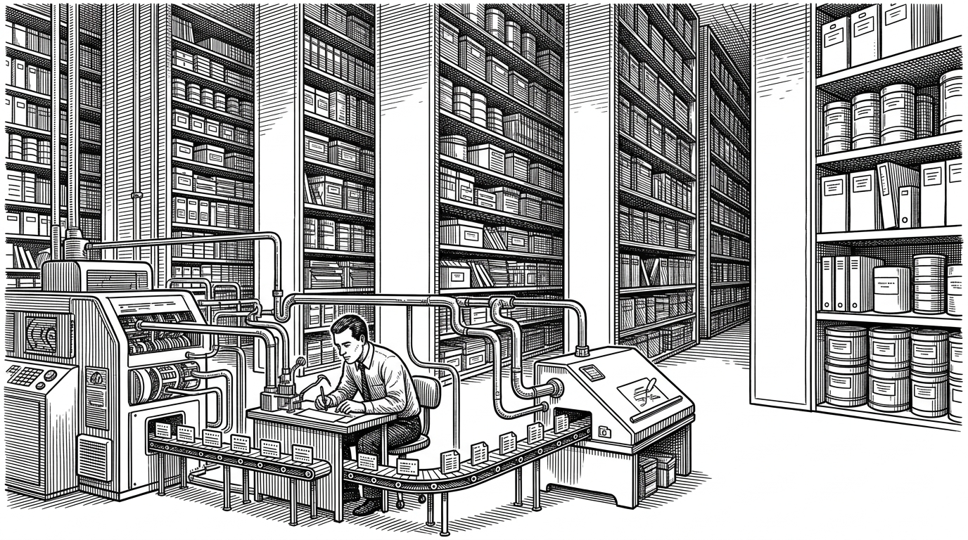 An industrial archive room with towering shelves of stored caches, a compact draft-model workstation in the foreground, and a larger target-model machine feeding data into the line. The scene explains DeepSpec's core trade-off: push the expensive work upstream, store it offline, and let the small model train without keeping the big model live in GPU memory.