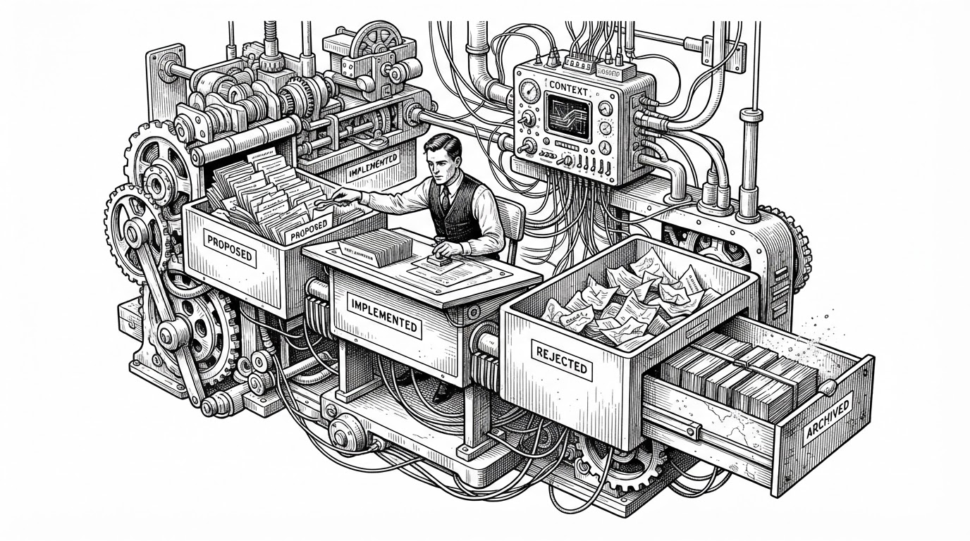 A wide bureaucratic machine where an agent sits at a drafting table, stamping cards into compartments labeled proposed, implemented, rejected, and archived. Thin wires run from the filing system into a central control panel marked Context, showing that the record-keeping itself is part of the runtime.