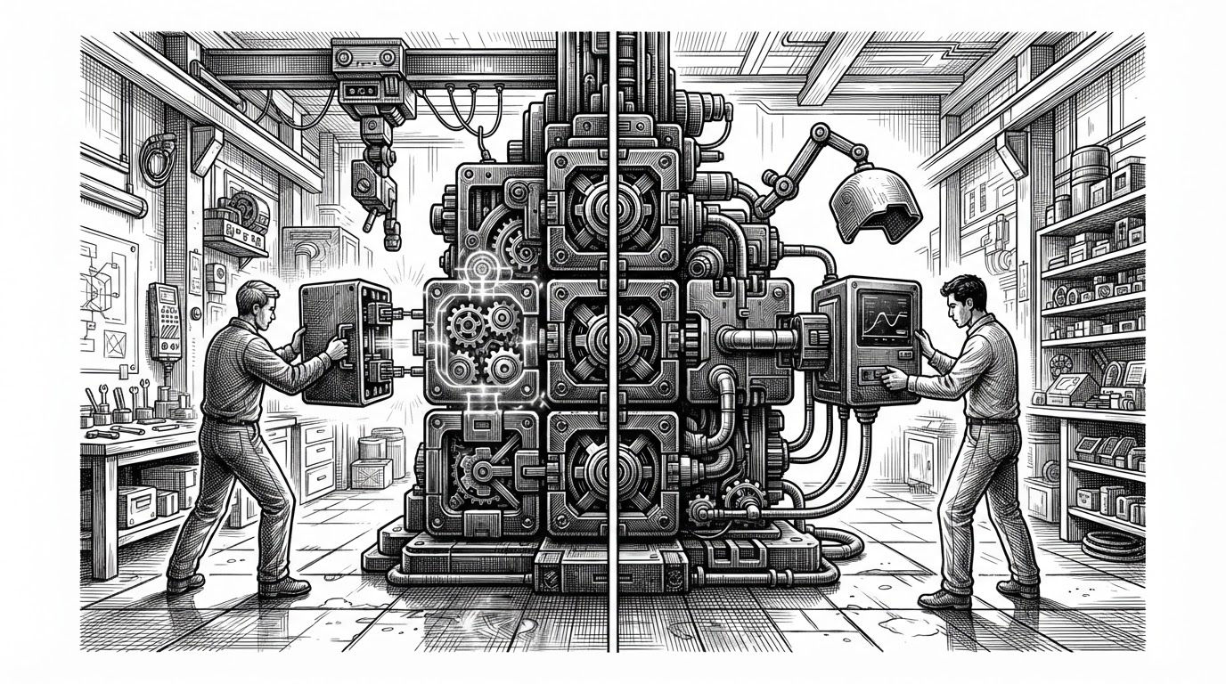 A modular machine built from detachable black metal blocks, with a shared core in the center and surrounding components that can be plugged in or removed. The scene shows the same assembly mid-swap, making the modular runtime model easy to grasp at a glance.