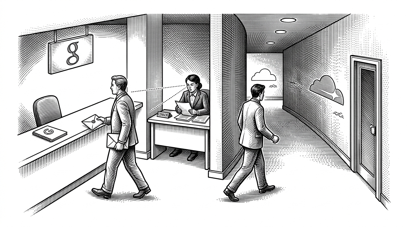 A wide editorial scene shows a traveler carrying a sealed packet through a public counter labeled Google, then out through a second corridor labeled Cloudflare, while a censor watches only the first entrance. The image explains the project’s core idea: the visible destination is not the real exit.