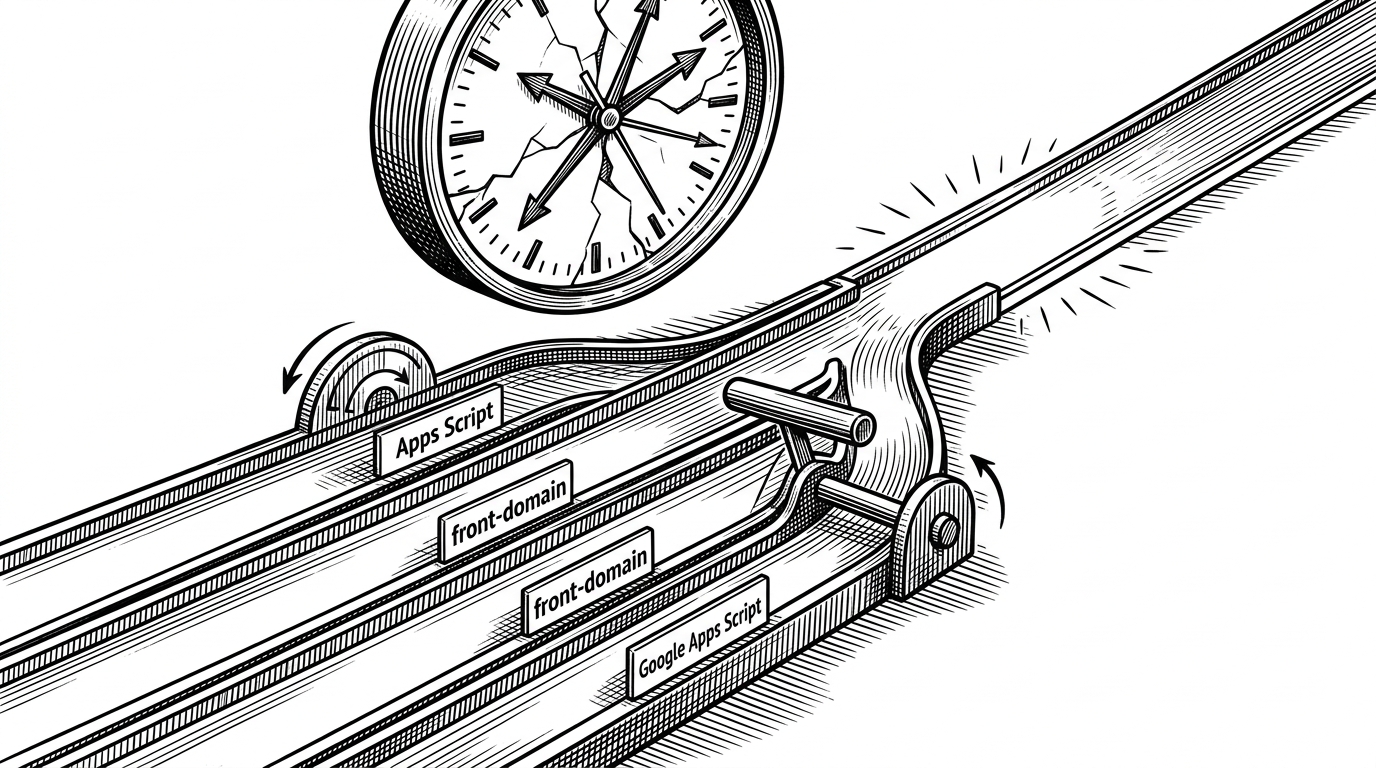 A close-up switchboard shows several narrow relay lanes sprinting toward one target channel while a broken clock hangs above them. One lane lights up first and flips a selector lever, illustrating how the system races multiple Google Apps Script paths and chooses the fastest result.