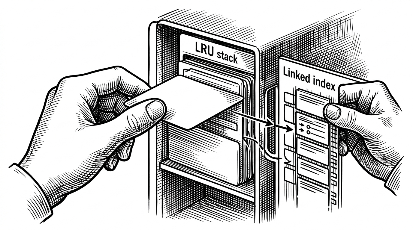 A close-up cross-section shows one relation card being removed from an LRU stack while linked reverse index boards delete the same relation from multiple maps at once. The image explains that eviction in this cache is not only memory management, but also consistency management across direct and reverse indexes.