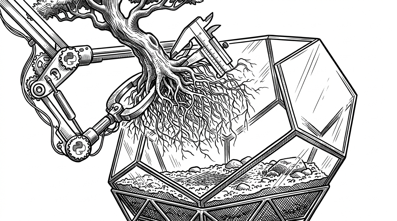 A bonsai tree root system being transplanted by mechanical arms into a glass terrarium. This illustrates the delicate process of moving complex identity data without breaking relationships.