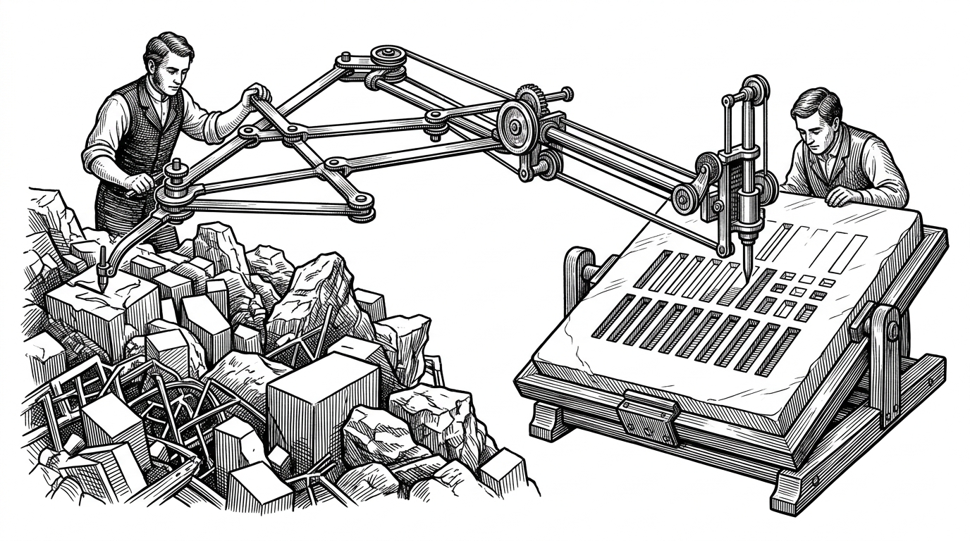 A vintage pantograph mapping device scanning disorganized geometric blocks and carving organized matching slots into a stone tablet. This represents automated schema discovery and mapping.