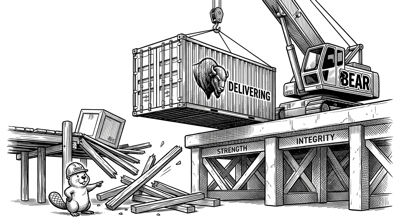 A massive shipping container being safely lowered by a crane onto a reinforced concrete dock, while a wooden pier next to it collapses under a smaller box. This represents the 30MB high-water mark buffer preventing Node.js networking memory hangs.